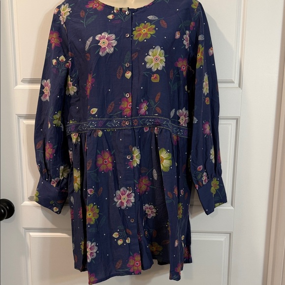 GUDRUN SJODEN Blue Floral Lagenlook Silk Shirt Tunic Dress medium - Picture 1 of 4